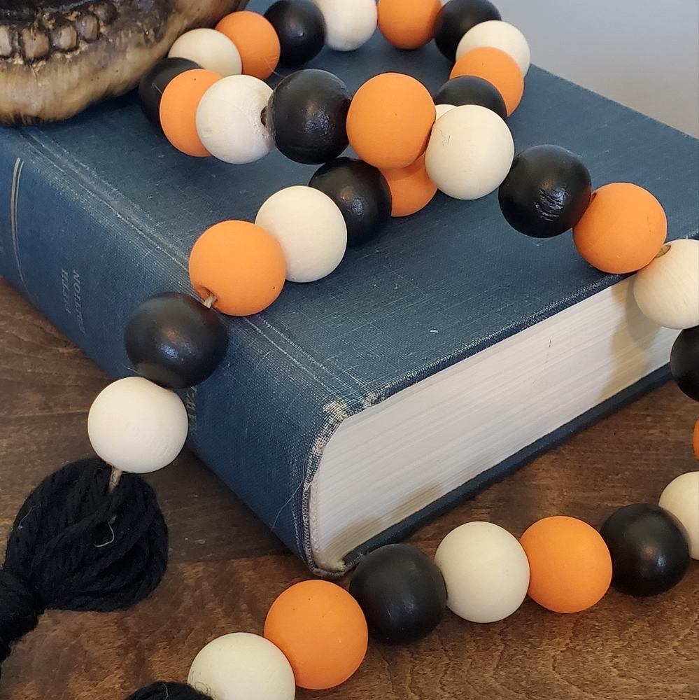 Handmade Halloween themed wood bead garland, 24 inches long